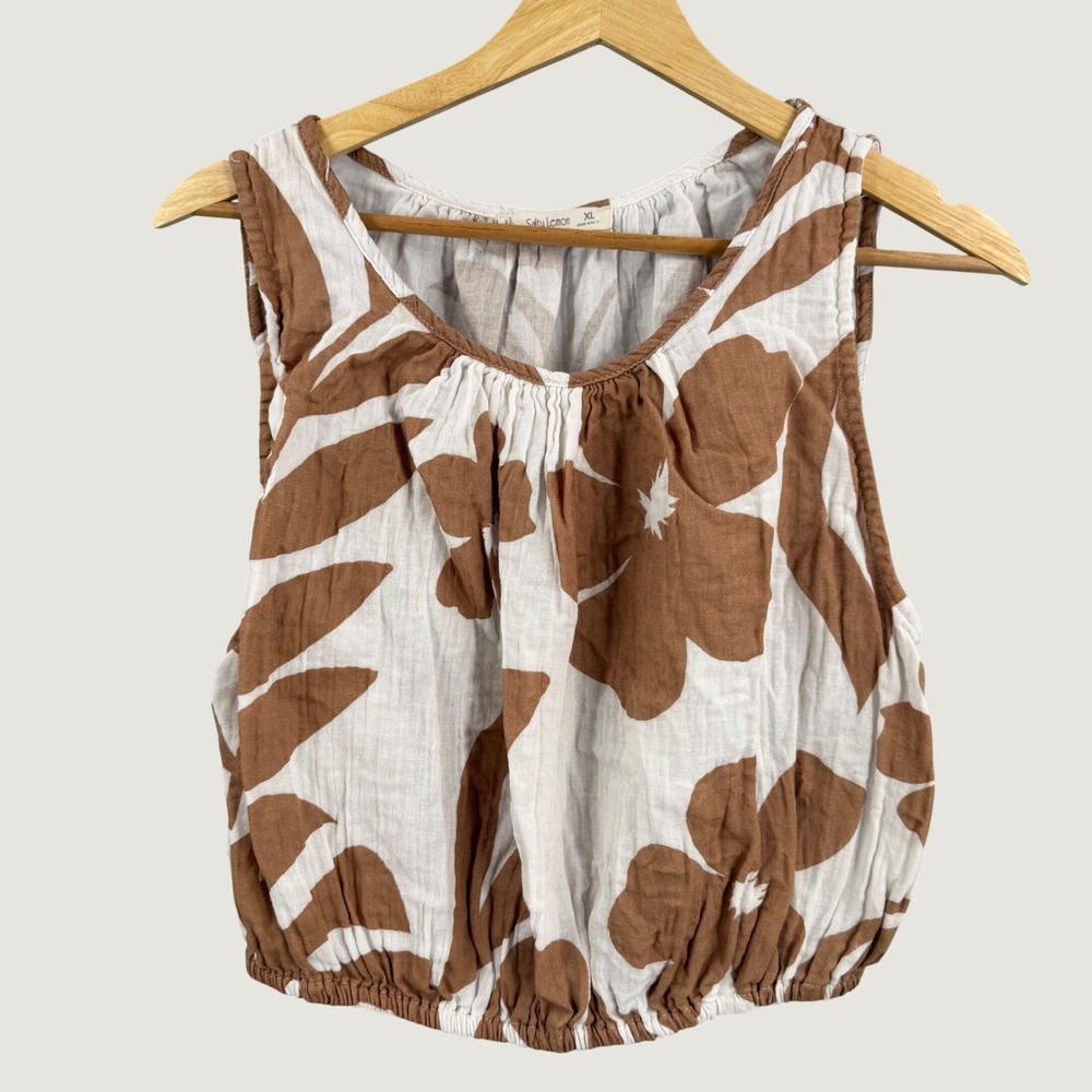 Salty Lemon Size XL Brown Cream Floral Gauze Cotton Crop Top Resort Beach Boho